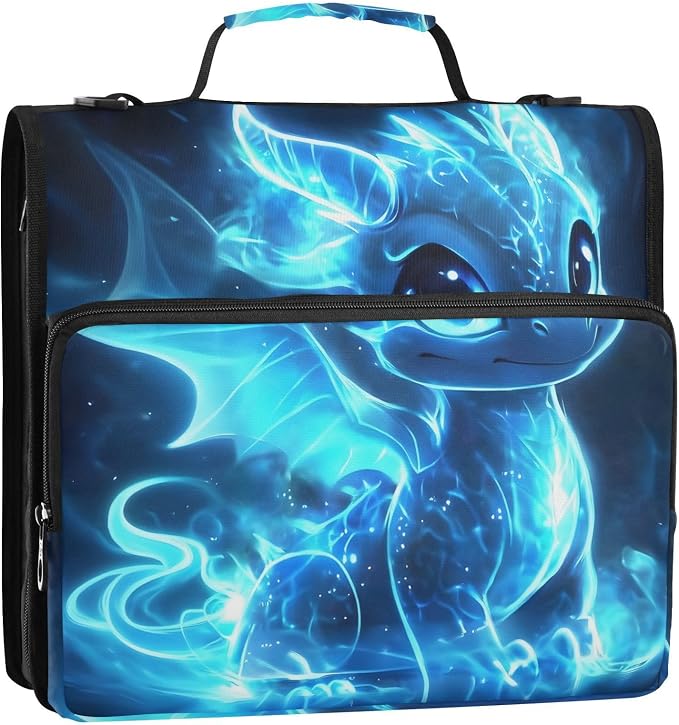 3 D-Ring Zipper Binder Bag, Cartoon Blue Glowing Dragon Removable Binder with Zipper Case Hold 300+ Sheets& 13 Inch Laptop for School Office Supplies Organizer