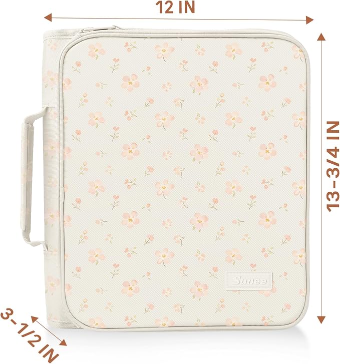 SUNEE Zippered Binder Bag with Handle, 2-Inch 3-Ring O-Ring, 500-Sheet Capacity, Includes Zip Pocket, 5-Tab Expanding File Folder, Multi-Pocket Organizer Binder for Middle School, Pink Little Flower