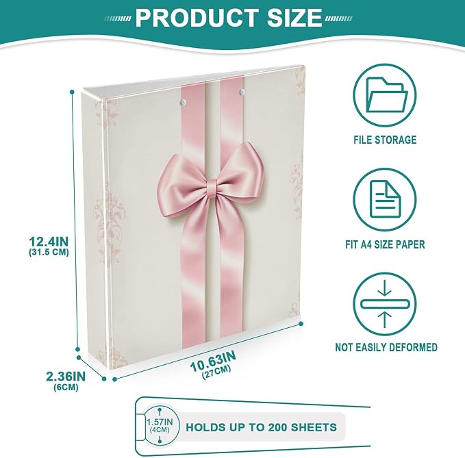 Bow Ribbon Pastel Color Round Ring Binders 1.5 Inch Bowknot Black Doodle Pattern 3 Ring Clipboard Binder for Office School Work Supplies File Folder Document 200 Sheet Capacity Easy Open