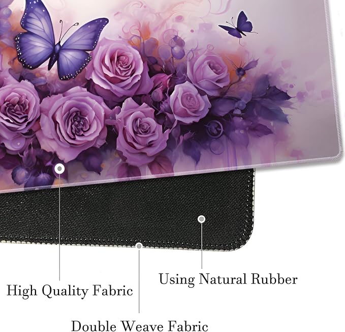 Extended Gaming Mouse Pad 31.5" x 11.8", with Edge Stitching, Non-Slip Rubber Base Keyboard Pad, Suitable for Work, Game, Office, Home and Coasters, Butterflies and Purple Roses