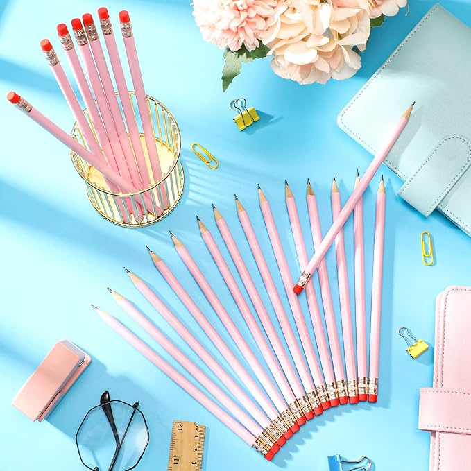 Outus 24 Pieces Round Pencils Cute HB Graphite Wood Pencils Bulk with Eraser for School Writing Drawing Sketching Wedding Office Supplies(Light Pink)