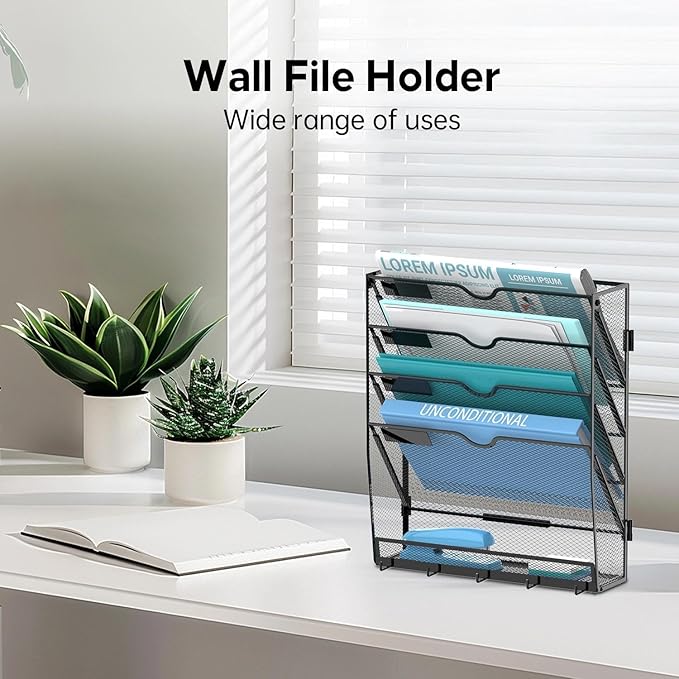 5-Tier Wall File Organizer and Mail Organizer with 5 Hooks, Black | Label slots, curved openings, 5 key hooks, and a bottom tray support organized mail, file, and everyday item storage.