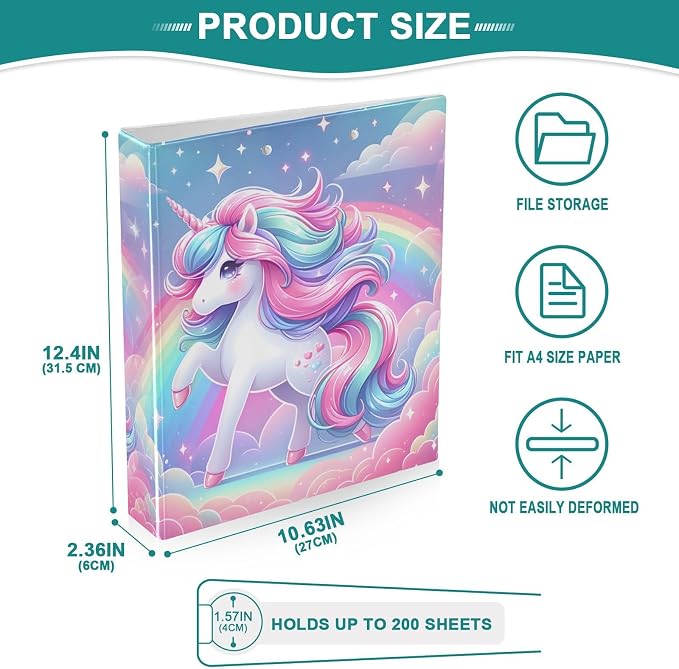 ALAZA 3 Ring Binder Fantasy Unicorn Rainbow Clipboard Round Ring Binder Holds 1.5 Inch Three Rings Binder Heavy Duty Binders for School Office Supplies, 1Pack
