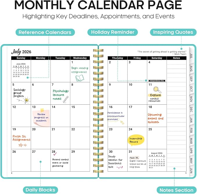 Taja Planner 2026-2027, 6.3" x 8.5" Calendar Planner, Jul 2026-Jun 2027 | A5 Hardcover Weekly & Monthly Academic Year Planner, Large Planning Agenda With Tabs, School & Office Supplies, Aquamarine