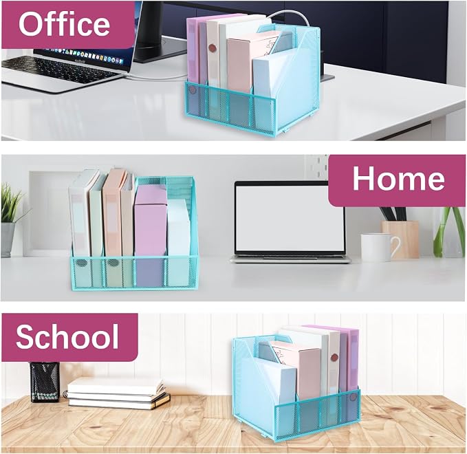 Desk Organizers, Metal Magazine File Holder with 4 Vertical Compartments Rack Binder File Organizer for Office Supplies, Home Workspace - Blue