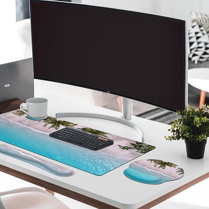 Keyboard Mouse Pad Set, 4 in 1 Desk Mat Set, Ocean Beach Blue | Turquoise Summer Large Mousepad+Keyboard Wrist Rest+Mouse Wrist Rest+Coaster Ergonomic Design for Home Office Computer