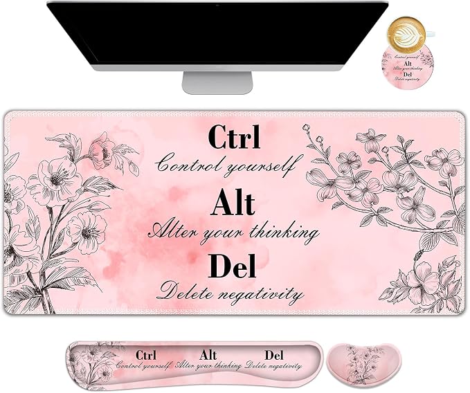 Large Gaming Mouse Pad Pink Floral, Ergonomics Keyboard Desk Mat with Wrist Rest, Cute Extended Game Mousepad, Non-Slip Desk Matt Easy Typing I Inspirational with Positive Quotes Ctrl Alt Del