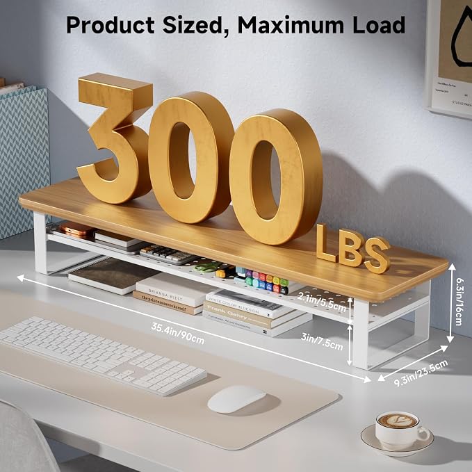 Dual Monitor Stand, 35.4 Inch Monitor Stand Riser for 2 Monitors, 2 Tiers Wood Desk Shelf with Storage, Desktop Organizer Stand for Computer, Laptop, Printer, TV