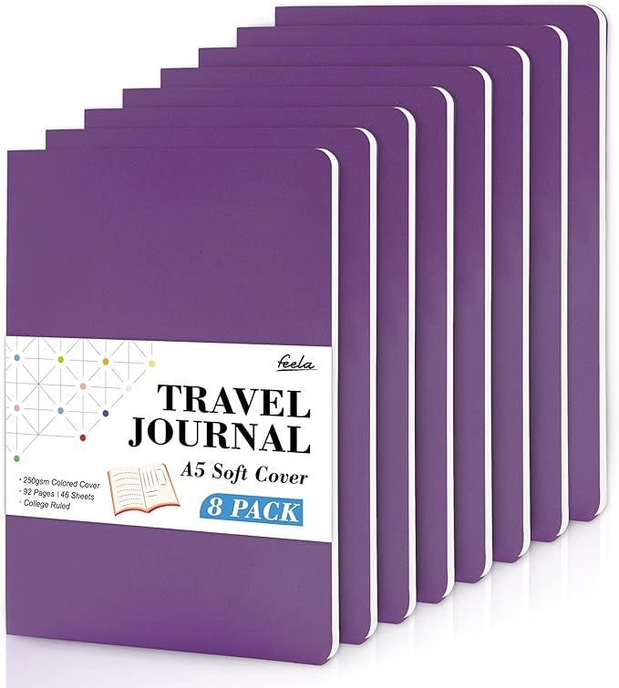 feela 8 Pack Soft Cover Journal Bulk, Notebooks College Ruled for Work, Lined Travel Journal for Women Men, Note Taking Notebook School Supplies Business Writing, 8.2” x 5.5”, A5, Dark Purple
