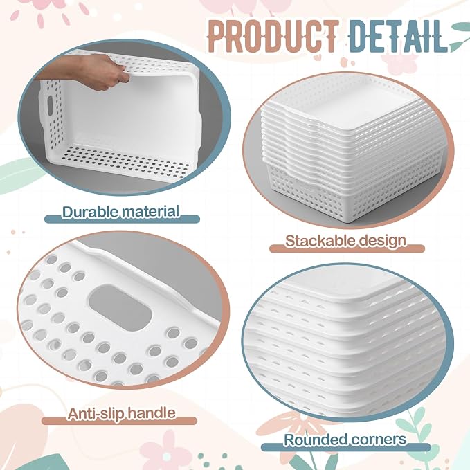 Geetery 6 Pack Classroom Storage Baskets with Handle,White | 14''x10'' Paper Tray Holds A4 Turn in Trays Plastic Paper Baskets Desk Organizer Bin for Classroom, Library, Office, Home