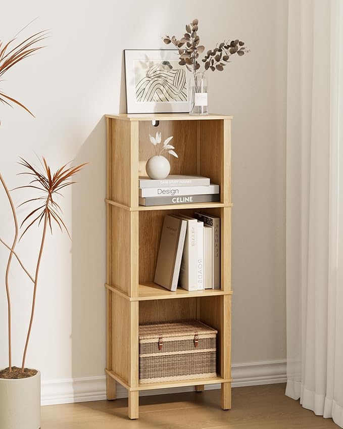 Bookshelf, Modern 3-Tier Bookcase, Open Storage Book Shelf, 11 × 14.2 × 38.9 Inches, Small Narrow Bookshelves for Living Room, Home Office, Bedroom, Natural