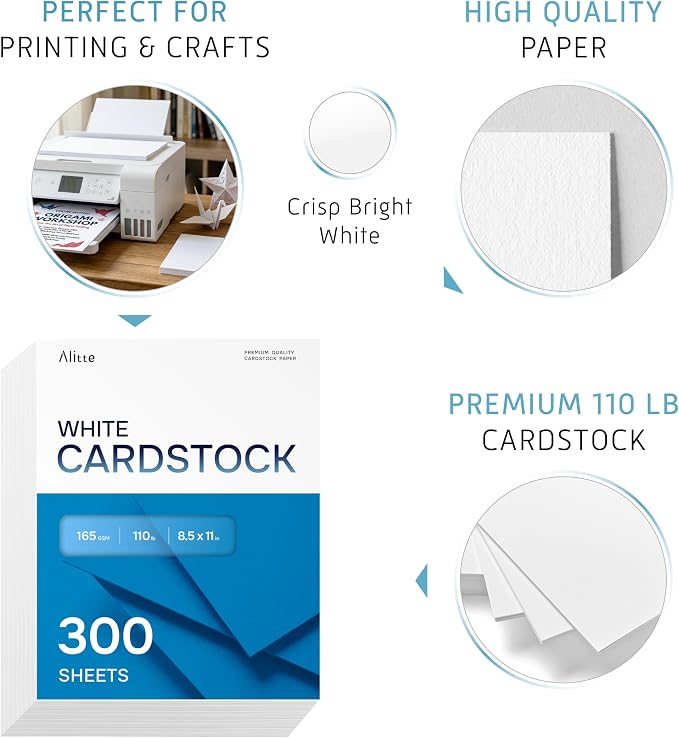 Cardstock Paper | 300 Pack, White Card Stock Printer Paper 8.5 x11, Heavyweight Thick, 110 lb, Premium Smooth Sheets and Printer Compatible - for Crafts, Cards, and Business