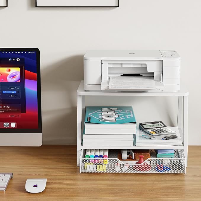 2-Tier Printer Stand with Storage, Desktop Organizer with Drawers for Printer Paper, Desk Shelf for Office and Home Printers‌ Tables, White