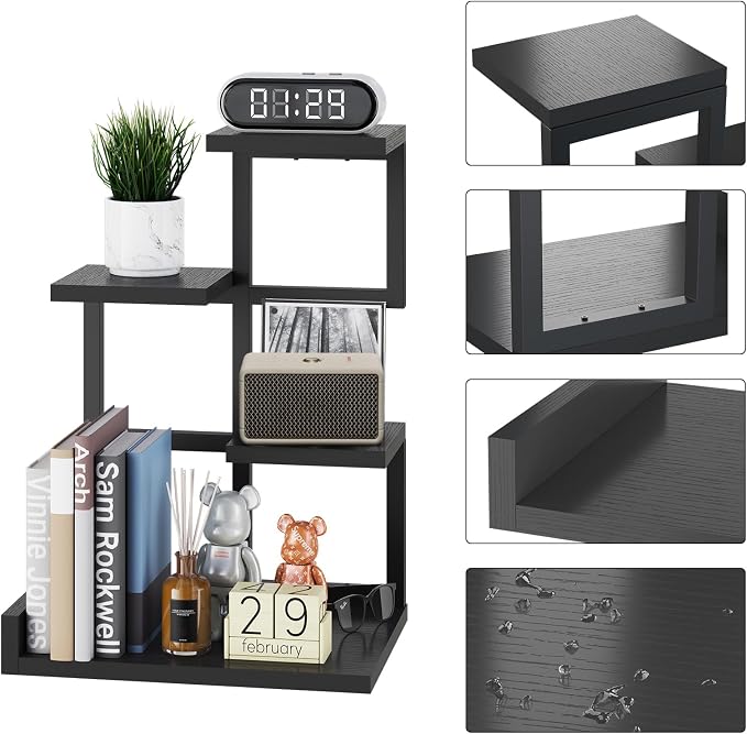 YMYNY 4 Tier Desktop Shelf Organizer 12.2x9.45x17.52 Black HSR007B | Storage Display Rack, Desk Shelf Organizer Small Bookshelf with Metal Frame for Office, Books, Plants