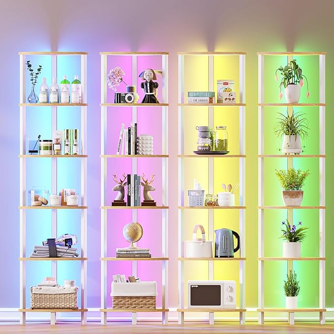 VIMBER 6-Tier Corner Shelf with LED Light, Industrial Corner Ladder Shelf, Rustic Display Shelf for Living Room, Bedroom, Kitchen, Home Office, Sturdy Frame, White and Nature Wood Color UJSJ002Q