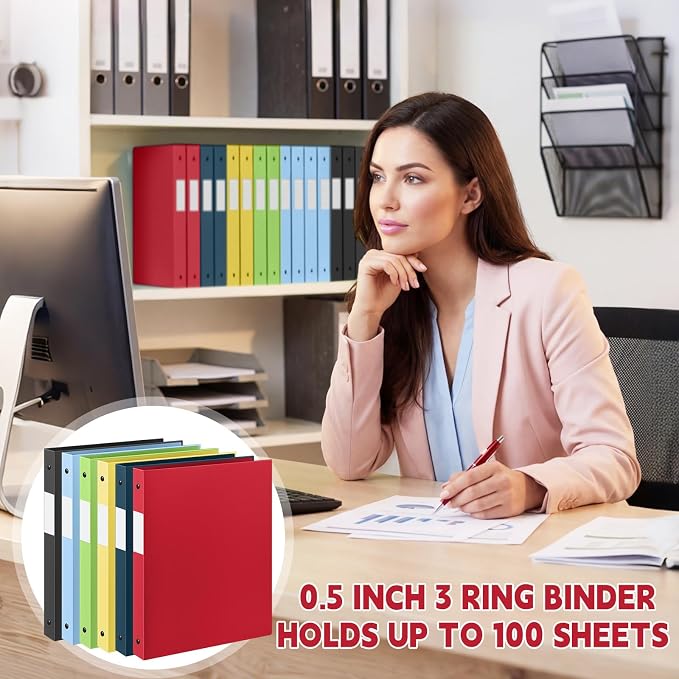 Henoyso 1/2 Inch 3 Ring Colored Binders Soft Flexible, 8.5'' x 11'' Plastic Floppy Binders Bendable with 2 Pockets, Colorful Binder Bulk for School Office Business ，12 Pack (Assorted Color)