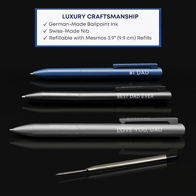 MESMOS Dad Pen Set, Best Ever Birthday Gift for Him from Daughter Son Wife, 3 Engraved Luxury Metal Ballpoint Pens, Cool #1 Dad Gift, Black Ink, Smooth German-Made Writing