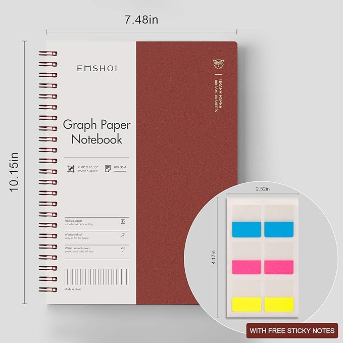 EMSHOI Graph Paper Spiral Notebook 7.48" x 10.15", 2 Pack 320 Pages B5 Large Graph Notebook with Sticky Notes, 100gsm Thick Grid Paper, Plastic Hardcover Journals for Writing Engineering Graphing
