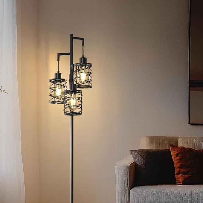 70" Industrial Floor Lamp, Stepless Dimmable Standing Lamp with 3 Bulbs, Farmhouse Corner Standing Tree Lamp for Living Room, Tall Lamps for Bedroom, Office, Study Room, Dining Room, Black