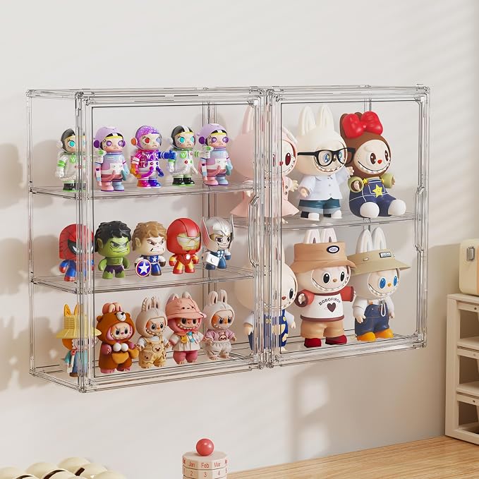 3 Tiers Clear Display Case for Figures Collectibles 2 Pack Wall Mounted Hobby Figurine Display Case, Display Box for Action Figures, Car Model, Funko