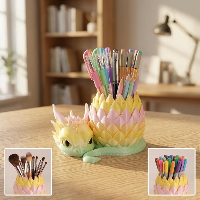 3D Printed Dragon Pencil Holder for Desk, Removable Dragon Egg Pen Holder, Cute Pencil Cup Desk Organizer for Pens, Pencils, Paper Clips, Makeup Brushes, Fantasy Desk Decor Gift for Kids
