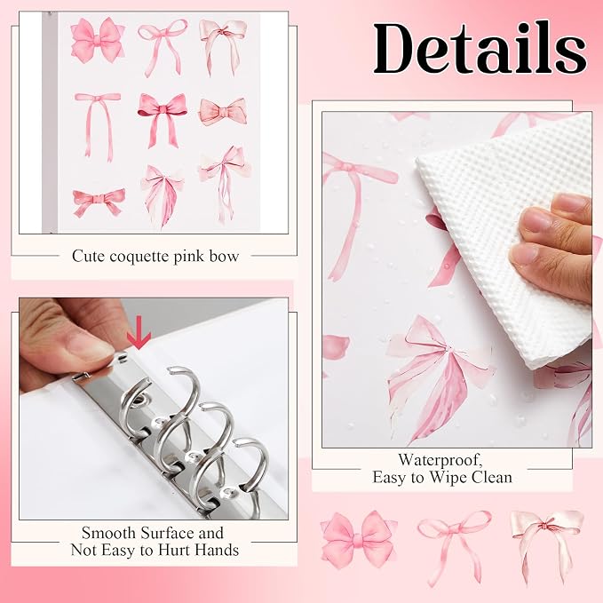 ReliThick 4 Pcs Mini Size Cute Bow 6 Ring Binder, 1 Inch Round Ring with Interior Pockets, Decorative Cute Binders, Clipboard Binder, Coquette School Supplies for School Office(Pink)