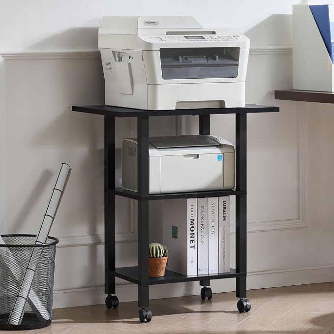 YUFAM 3 Tier Home Printer Stand with Storage, Black | Wooden Mobile Printer Table Shelf, Rolling Printer Cart Shelf with Lockable Wheels fit Fax Machine, Scanner