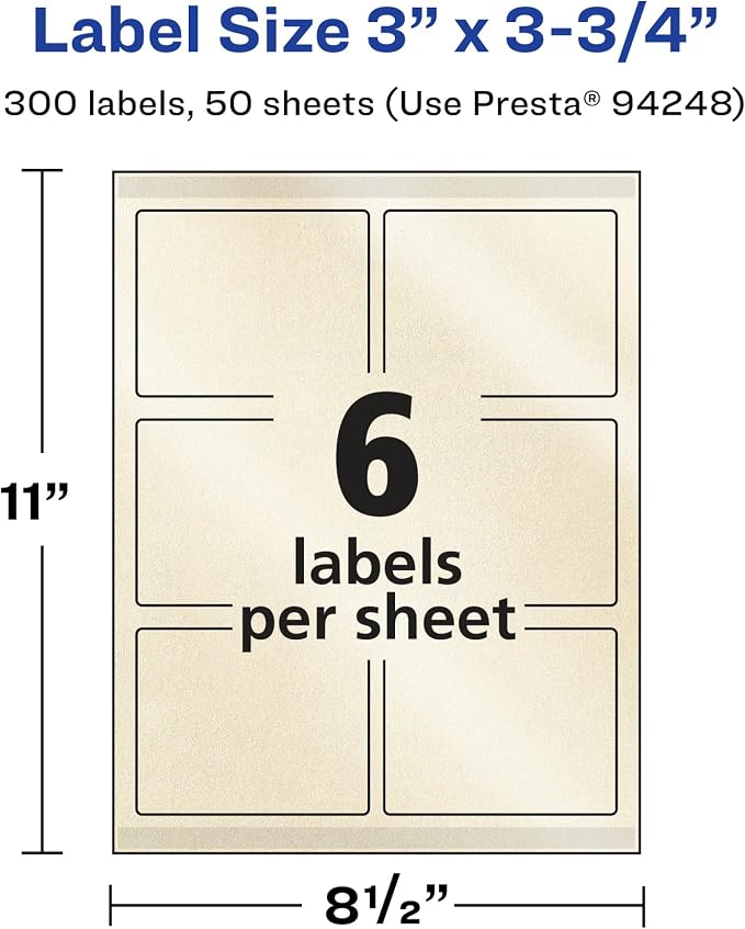 Avery® Pearlized Ivory Rectangle Labels, Sure Feed® Technology, Print-to-The-Edge, 3" x 3.75", 300 Pearlized Ivory Labels, Laser/Inkjet Printable