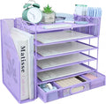 Desk Organizers and Accessories with File Holder, 6-Tier Paper Letter Tray Organiser with Drawer and 2 Pen Holder, Mesh Desktop Document Organizer for Office Supplies, Workspace - Purple