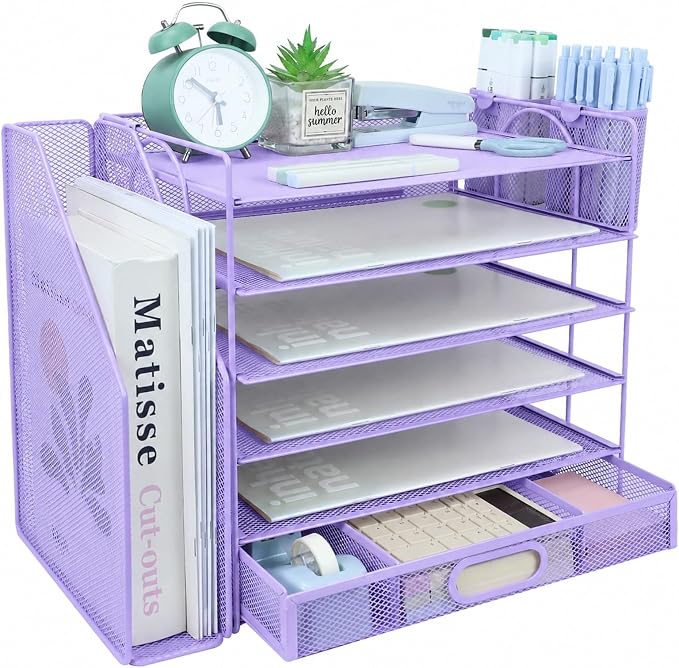 Desk Organizers and Accessories with File Holder, 6-Tier Paper Letter Tray Organiser with Drawer and 2 Pen Holder, Mesh Desktop Document Organizer for Office Supplies, Workspace - Purple