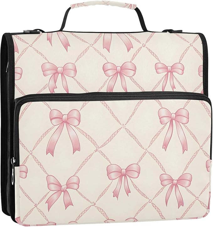 3 D-Ring Zipper Binder Bag, Pink Bow Plaid Checkered Pattern Removable Binder with Zipper Case Hold 300+ Sheets& 13 Inch Laptop for School Office Supplies Organizer