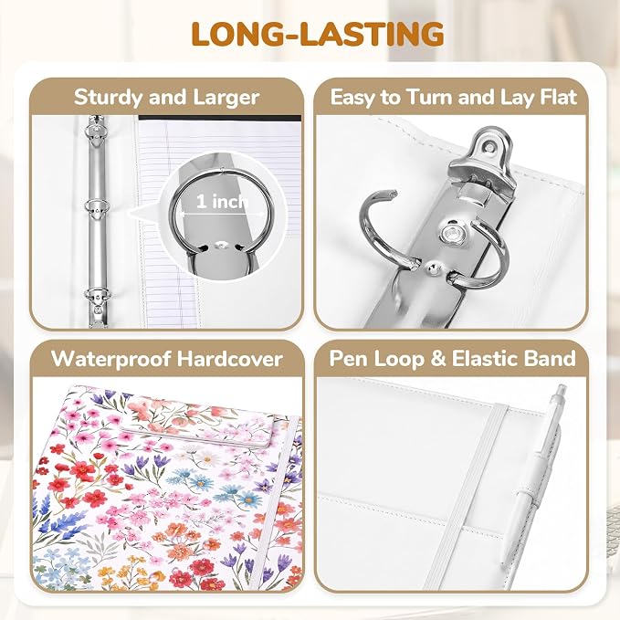JoyCat 3 Ring Binder Clipboard with Storage, 5 Folders, Flower | 3 ring clipboard portfolio combines five expandable folders, a refillable letter-size notepad and storage