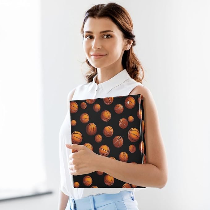 Basketball Pattern Orange Black Round Ring Binders 1.5 Inch Sports Ball Exercise 3 Ring Clipboard Binder for Office School Work Supplies File Folder Document 200 Sheet Capacity Easy Open