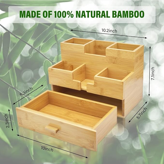 Bamboo Desk Organizer - Countertop Drawers Organizer Tabletop Storage Organization Makeup & Pen Storage with Drawer & Pencil Holder for Office Organization