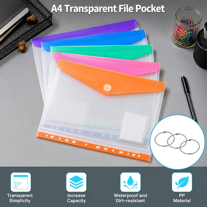 10 Pack Binder Folders with Pockets 11 Holes Expandable Dividers for 2/3/4 Ring Document Pouch with Label Loose-Leaf Transparent Binder Organizer for School Home Office