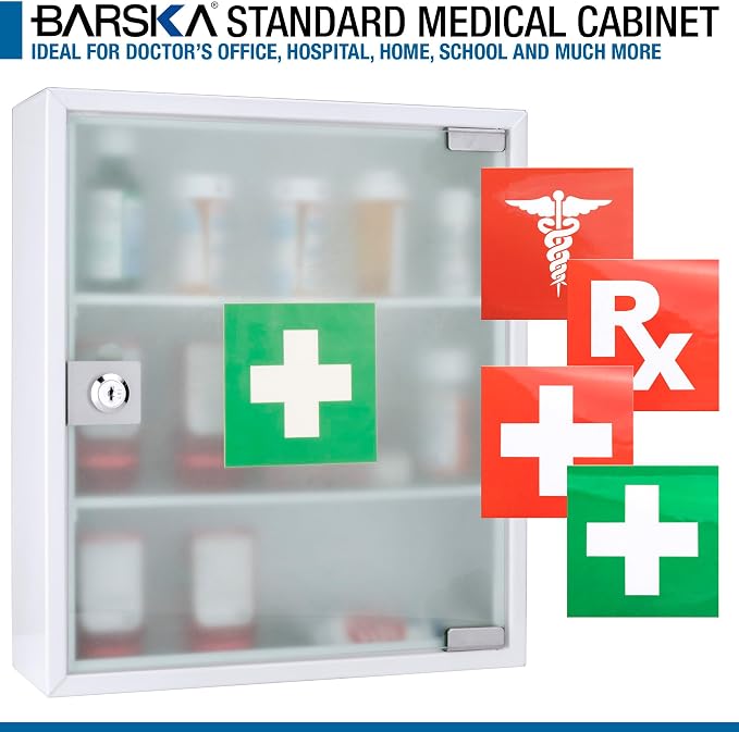 Barska Wall Mount Medical Security Cabinet with Key Lock – Standard Size, Includes Magnetic Erase Pad for Medications, First Aid, or Supplies - Medicine Cabinet Organizer - Medicine Storage Glass