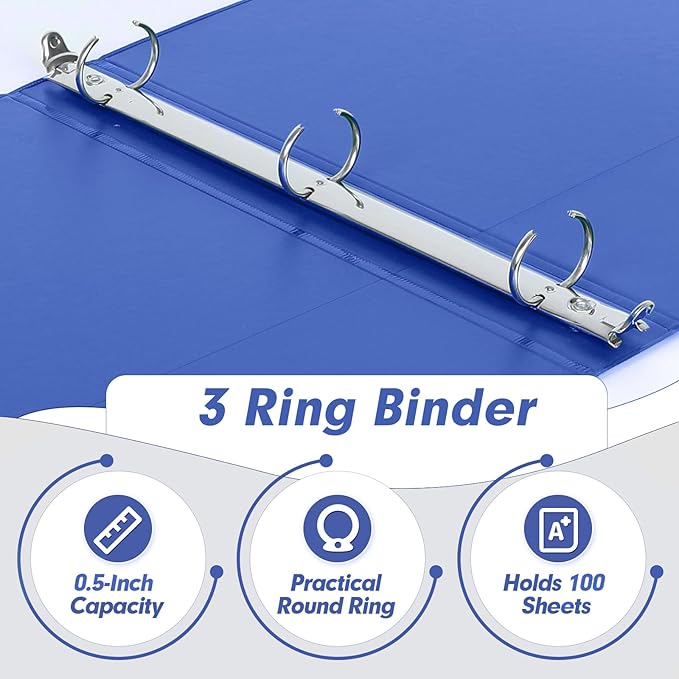 3 Ring Binder 0.5 Inch, PANDRI 12 Pack 0.5-Inch Binder Fits Letter Size 8.5'' x 11'' Paper, Versatile Binders for Office Home School, 2 Pockets, Color