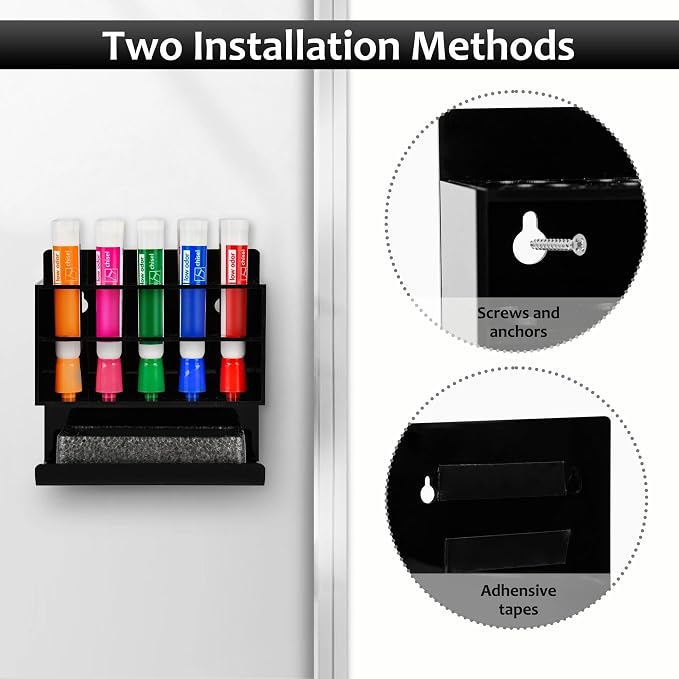 Dry Erase Marker Holder, Wall Mounted Acrylic Marker Holder with 10 Slots, Sticky Pen Storage for Classroom Organization, Office, Whiteboard, Desk Locker Organizer Accessories, Black