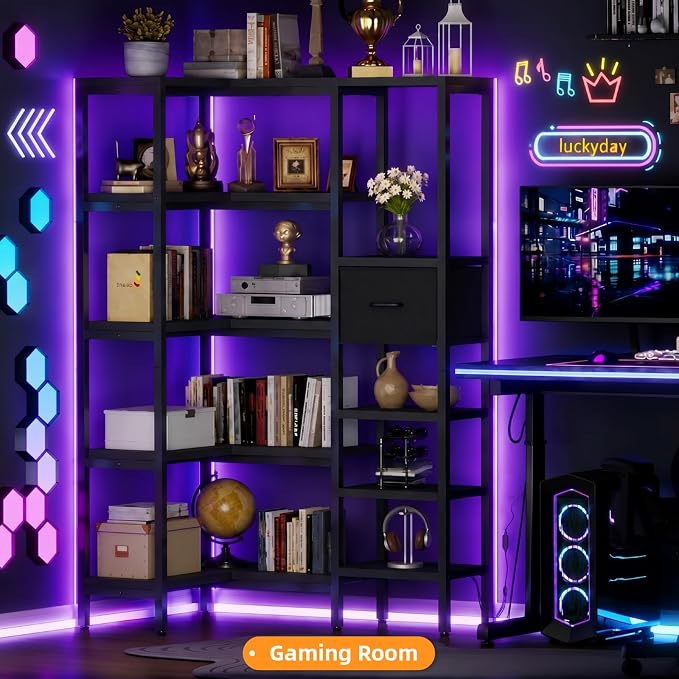 L-Shaped Corner Bookshelf with LED Light Strips & Fabric Drawers, 5-Tier Industrial Convertible Book Shelf Freestanding Display Shelf for Living Room,Home Office,Bedroom (Black)