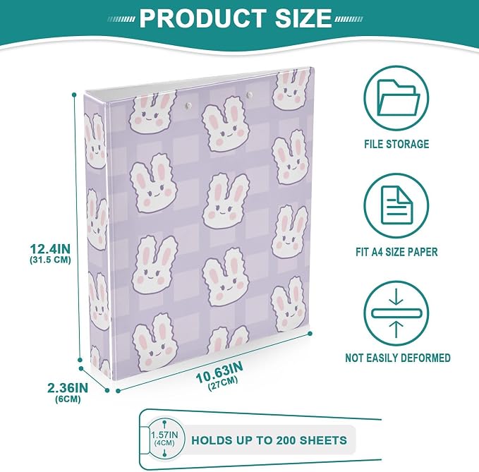 Cartoon Bunnies Purple 1.5 Inch Binders 3 Ring for Letter Size Holds 200 Sheets Notebook Binder with Clipboard for Women or Men