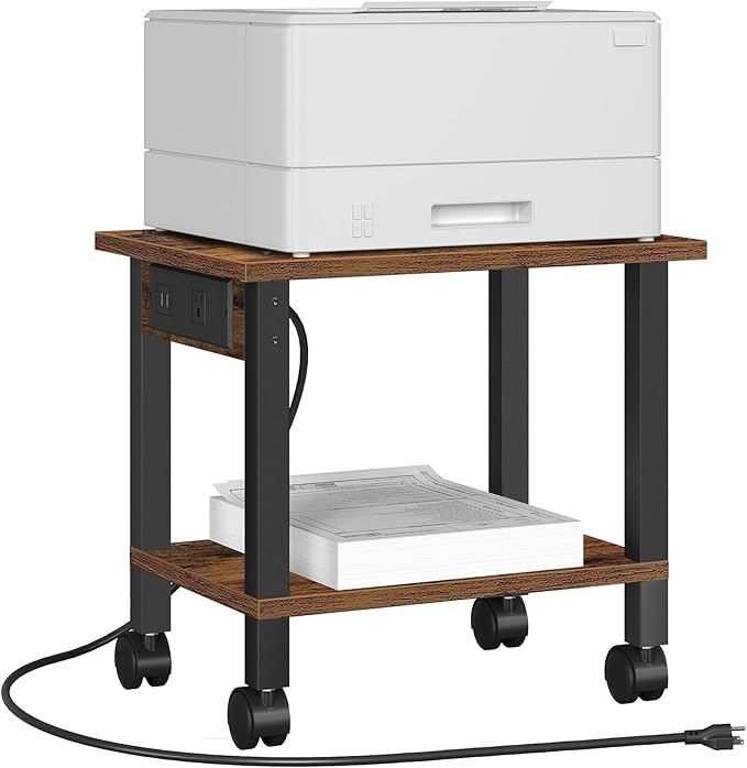 TUTOTAK Printer Stand, 2 Tier Rolling Printer Cart with Charging Station | Small Under Desk Printer Table with Wheels for Small Space, Office, Home, Brown PS01BB001