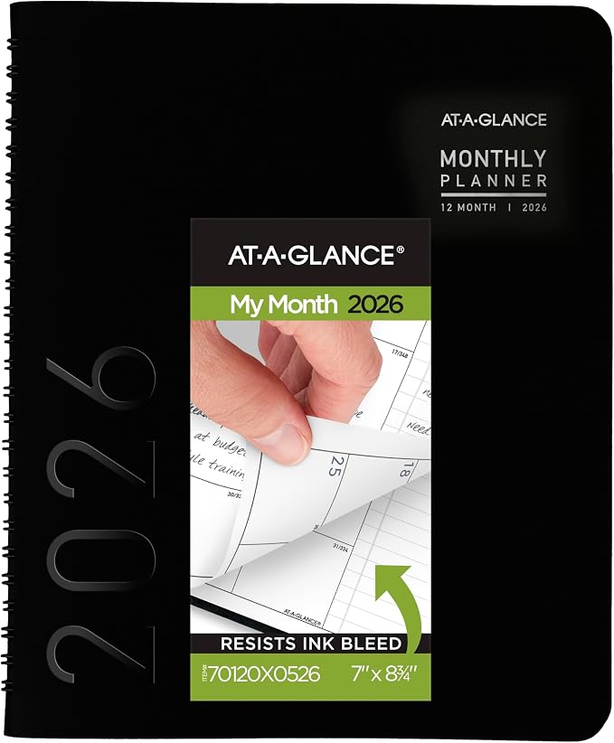 AT-A-GLANCE 2026 Planner, Monthly, 7" x 8.75", Medium, Contemporary, Black (70120X0526)