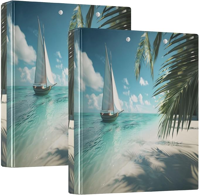 3 Ring Binder Sailboat Sunny Tropical Beach 1.5" Round Ring Binders View Binder with 200 Sheet for Women Men Office Kids School Supplies, 1 Pack