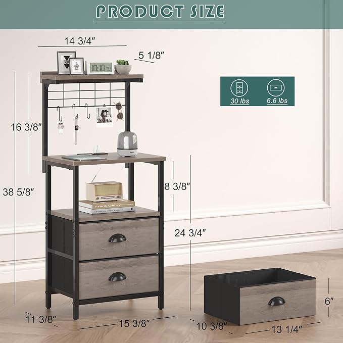 sthmec Tall Nightstands with Charging Station, LED Night Stand Bedsides with 2 Drawers Fabric, Hooks,USB Port and Open Storage Shelves,Tall End Table Bedside for Bedroom,Office, Grey