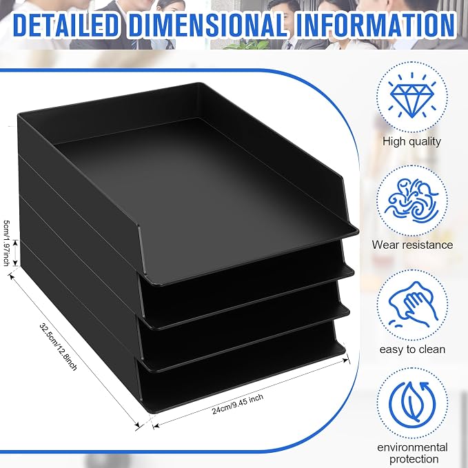 4 Pcs Stackable Paper Trays Rectangular Plastic Desk Holder Desktop Document File Organizer Storage Letter for Office Classroom (Black)