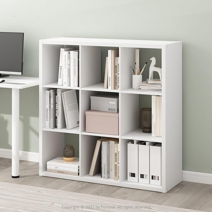 Furinno Cubicle Book Shelf, 9-Cube Bookshelf, Extra Thick Frame Reversible Tall Wide Bookcase with Open Back, 14.6 x 44 x 44, for Living Room, Bedroom, Home Office, Plain White