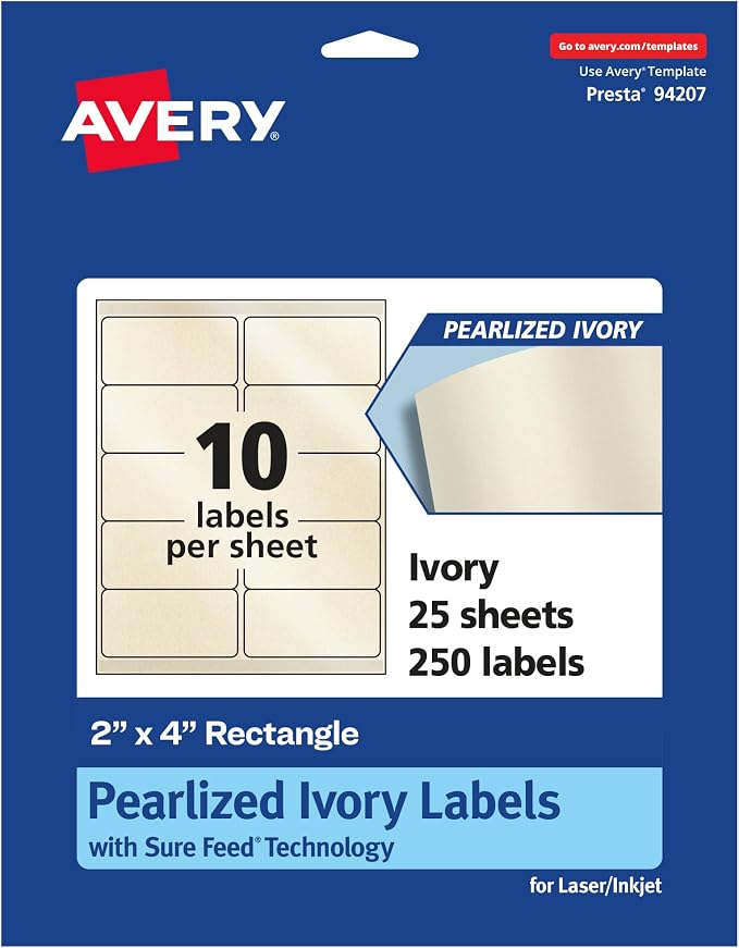 Avery® Pearlized Ivory Rectangle Labels, Sure Feed® Technology, 2" x 4", 250 Pearlized Ivory Labels, Laser/Inkjet Printable