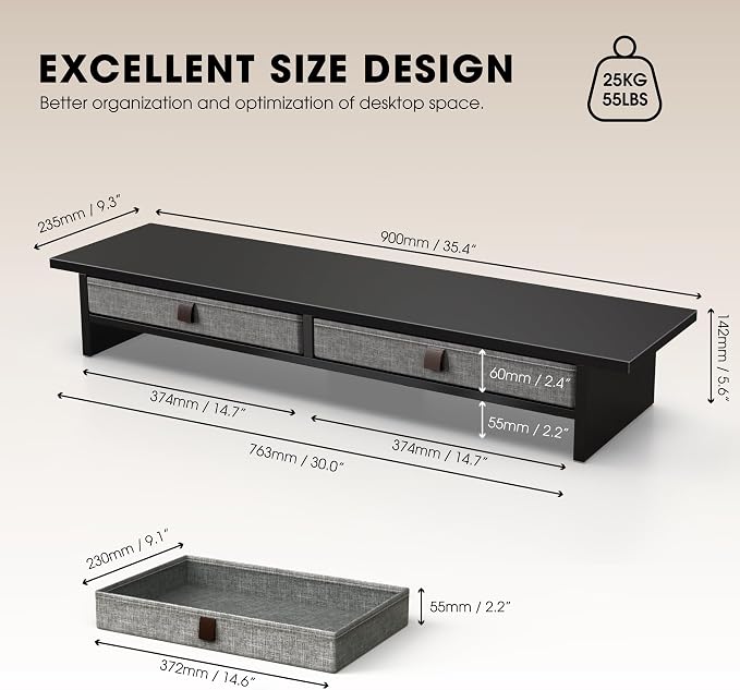 Fenge 35 Inch Monitor Stand with Drawer Storage, Computer Riser for Desk | Wooden Computer Shelf, 2 Tiers, for Dual Monitor/Laptop/PC/TV/Printer up to 55Lbs, Home Office Desk Organizer