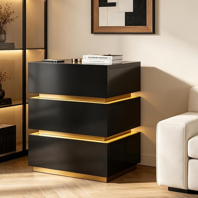 Nightstand with Charging Station, Night Stand with Drawers and LED Lights, Bedside Table, Modern End Table for Bedroom