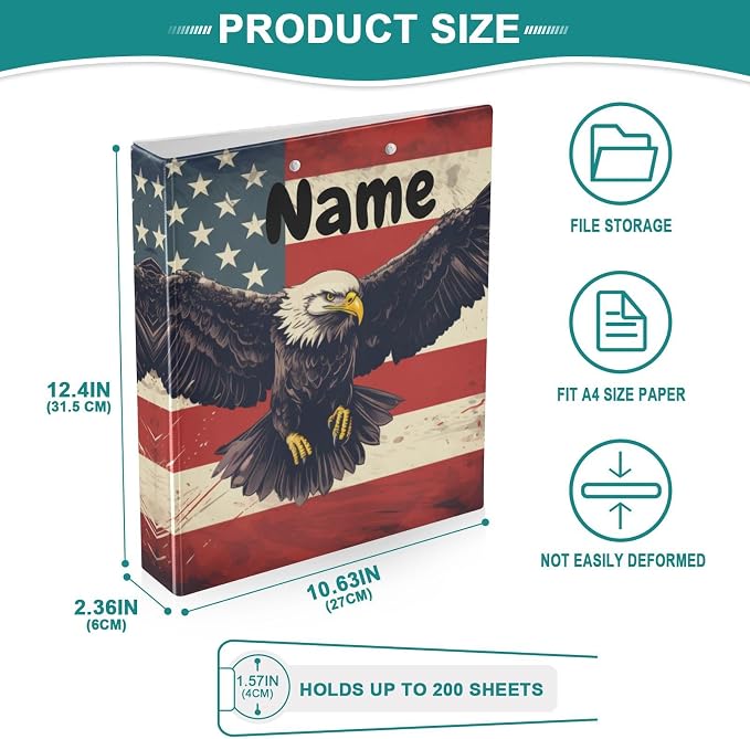 Custom 3 Ring Binder American Flag Eagle 1.5" Round Ring Binders Personalized Name View Binder with 200 Sheet for Kids School Supplies Women Men Office, 1 Pack